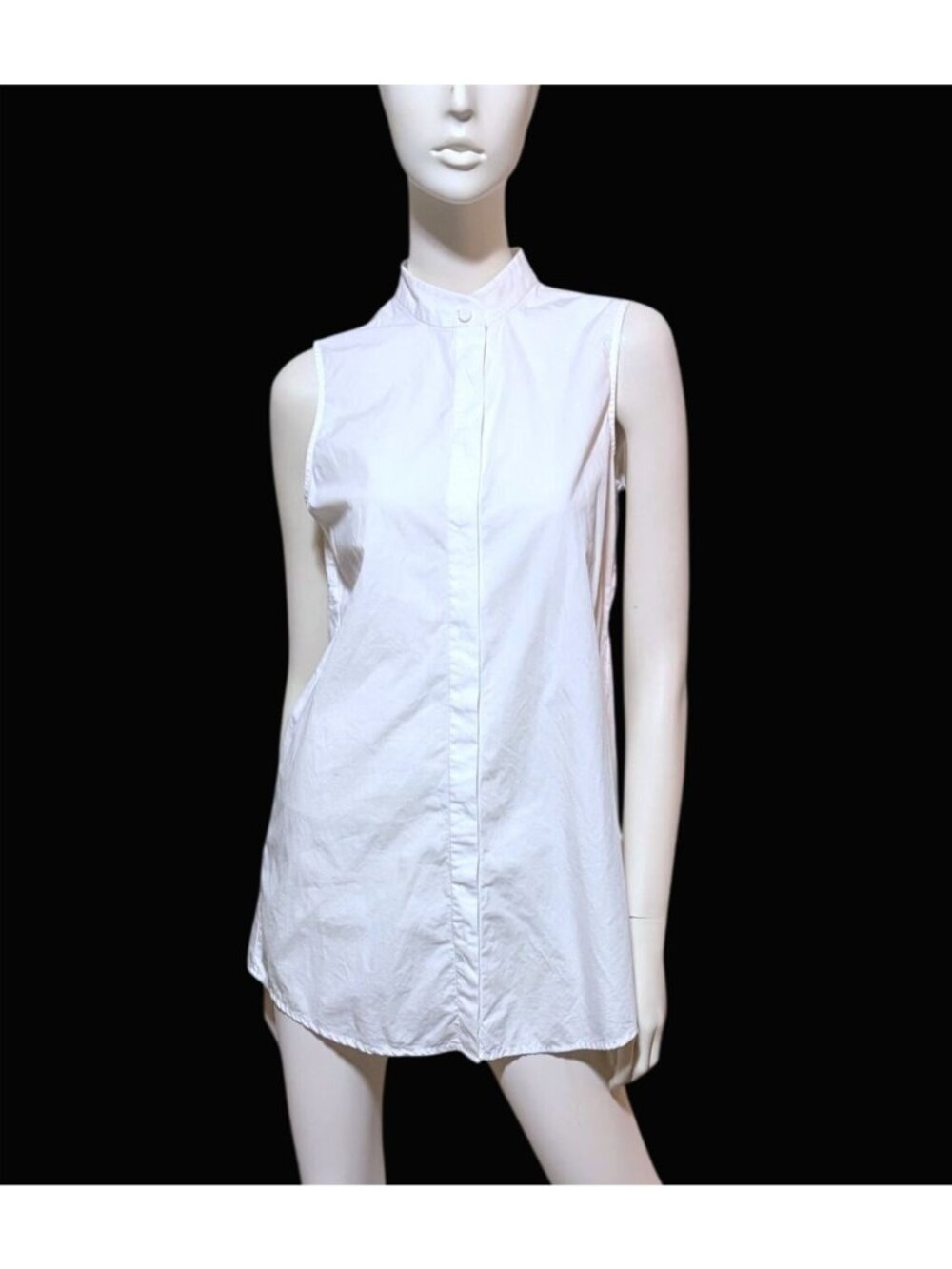 Sleeveless Poplin Top Tunic M Hidden Buttons Preppy Minimalist Neutral White